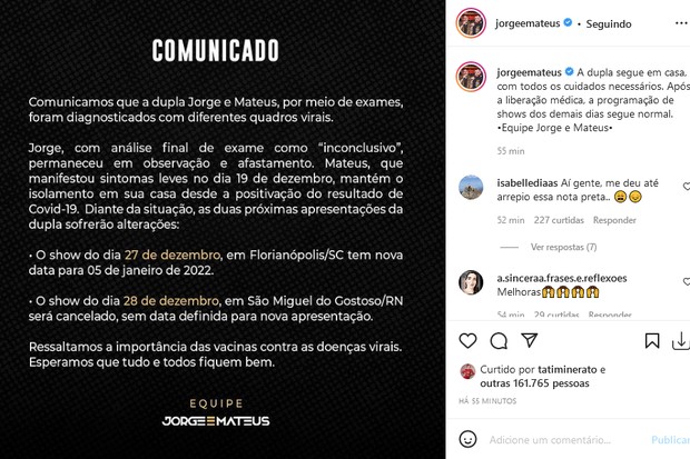Comunicado da dupla Jorge e Mateus (Foto: Reprodução/Instagram)