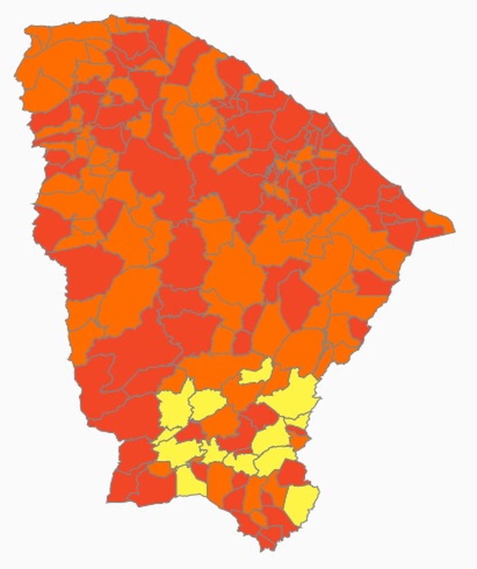 Mapa mostra que quase todo o Ceará tem risco de 'alto' (em laranja) ou 'altíssimo' (laranja escuro) para a Covid-19 — Foto: Reprodução