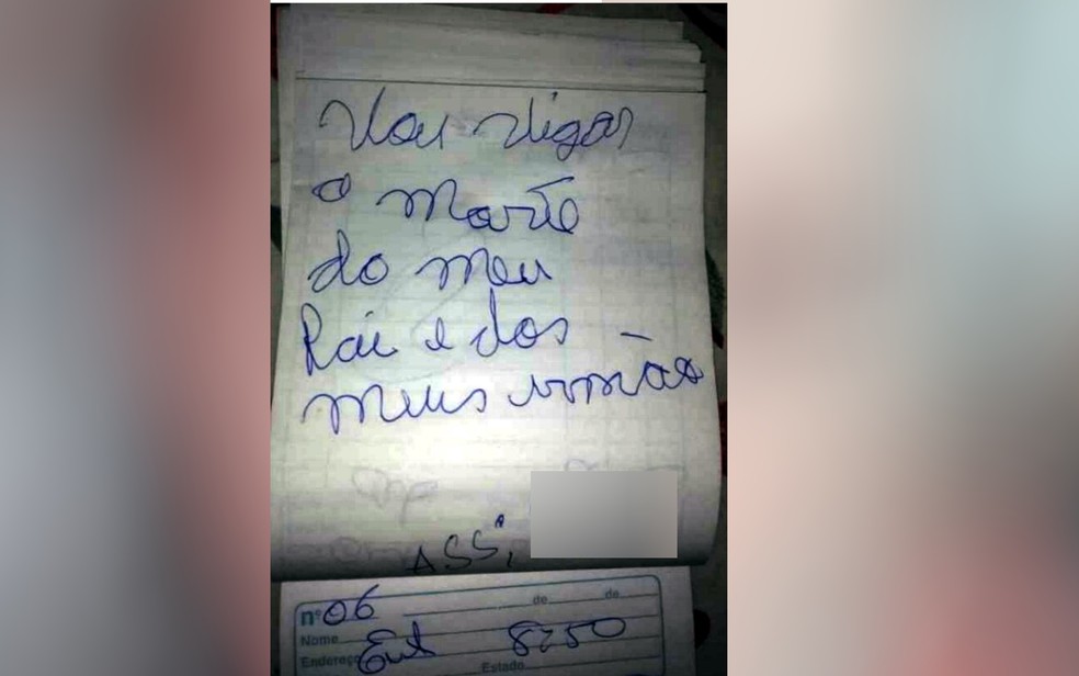Bilhete deixado pelo homem suspeito de matar as duas funcionárias do motel, em Goiás — Foto: Reprodução/TV Anhanguera