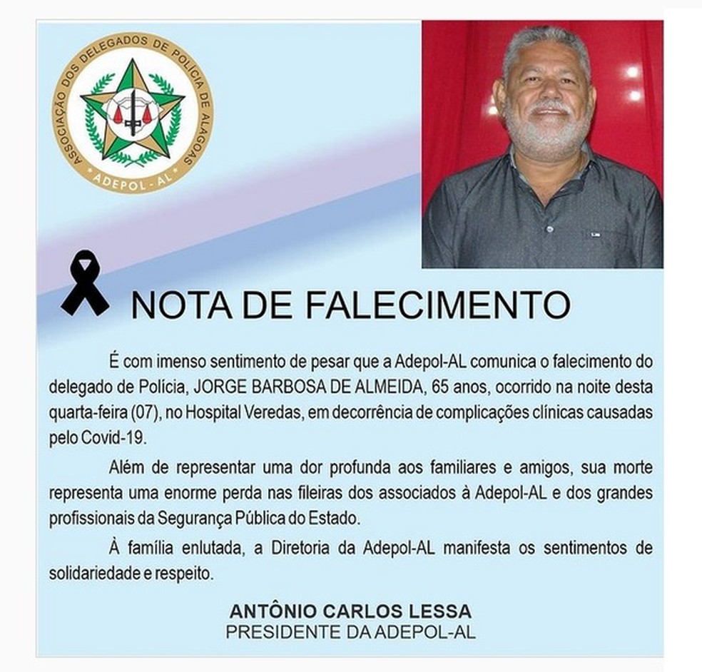 Adepol-AL lamenta morte do delegado em nota — Foto: Reprodução/Adepol