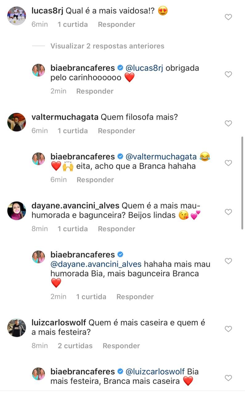 Bia e Branca Feres revelam curiosidades entre elas (Foto: Reprodução/Instagram )