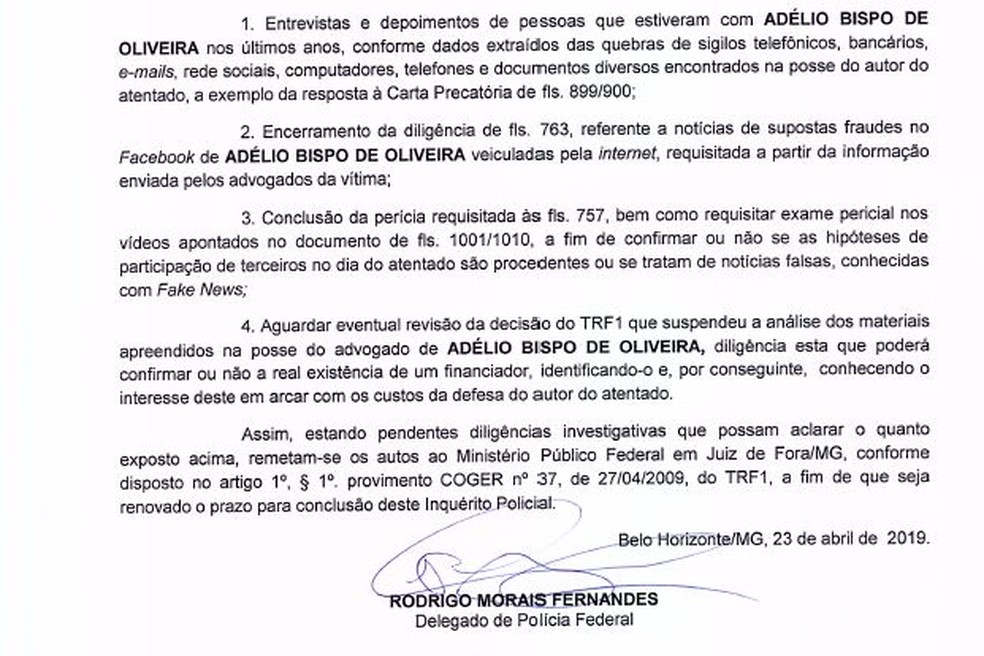 PF pede nova prorrogação de prazo para inquérito que invetiga atentado a Bolsonaro — Foto: Reprodução