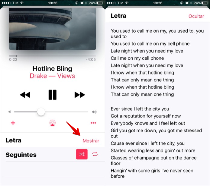 Exibindo a letra da música no iPhone (Foto: Reprodução/Helito Bijora) 