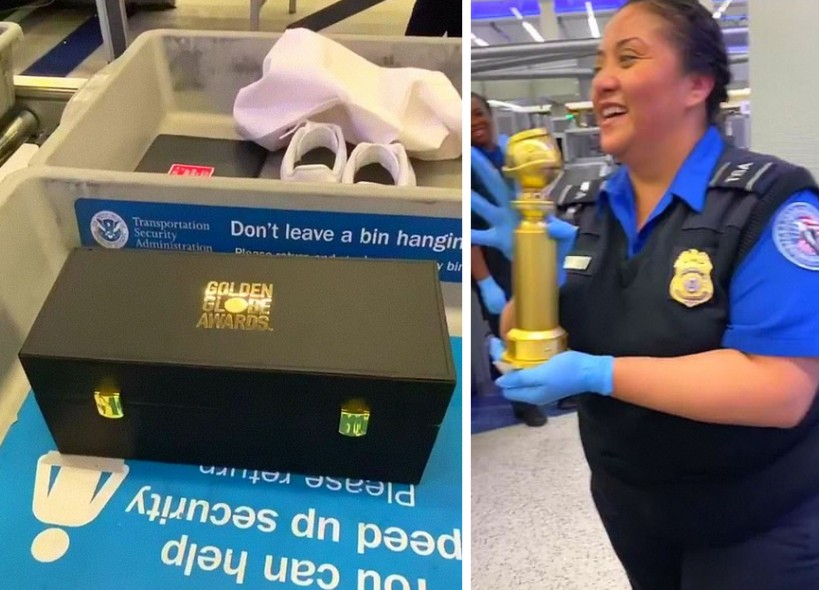 A funcionária da segurança do aeroporto de Los Angeles checando o Globo de Ouro vencido pelo ator e comediante Ramy Youssef  (Foto: Instagram)