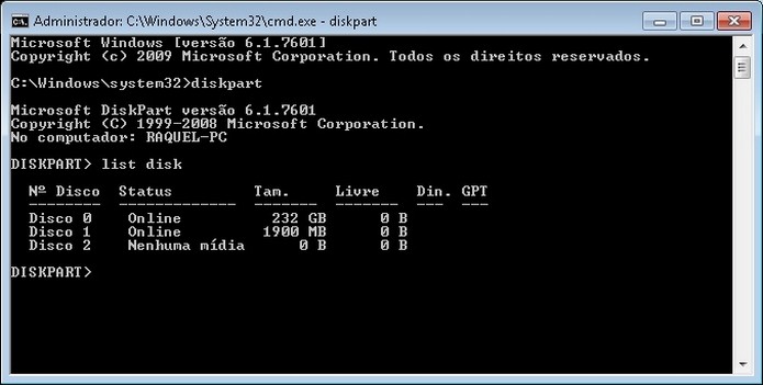 Lista de unidades de armazenamento conectadas ao PC no MS-DOS (Foto: Reprodução/Raquel Freire)