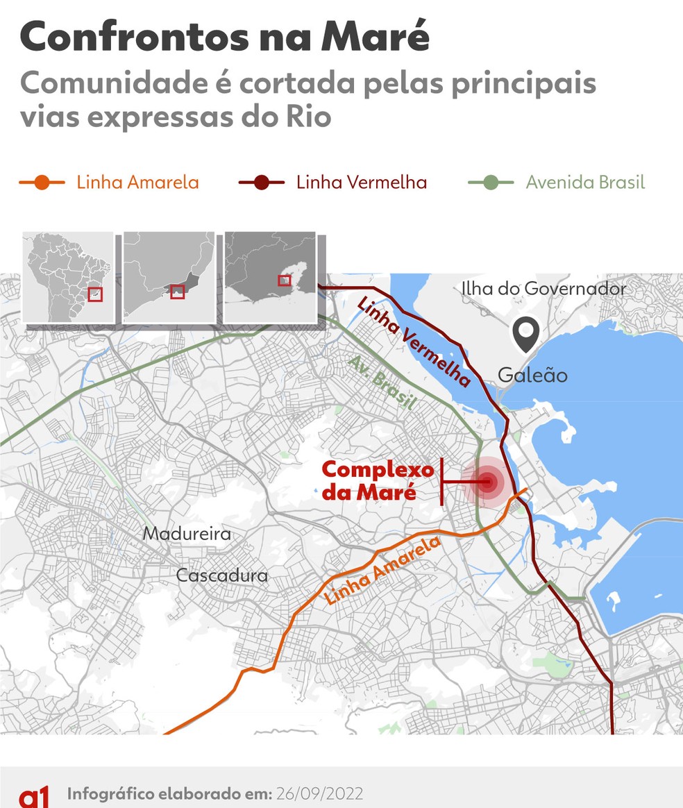 Mapa localiza o Complexo da Maré — Foto: Infografia: Juan Silva/g1