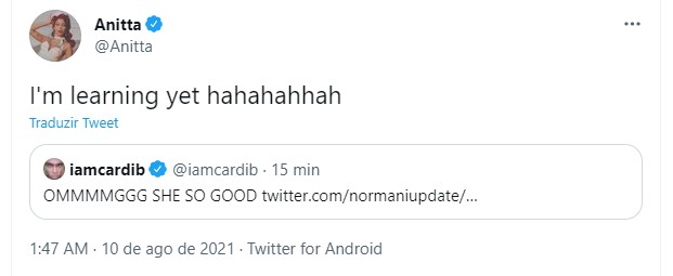 Anitta responde mensagem de Cardi B (Foto: Reprodução/Twitter)