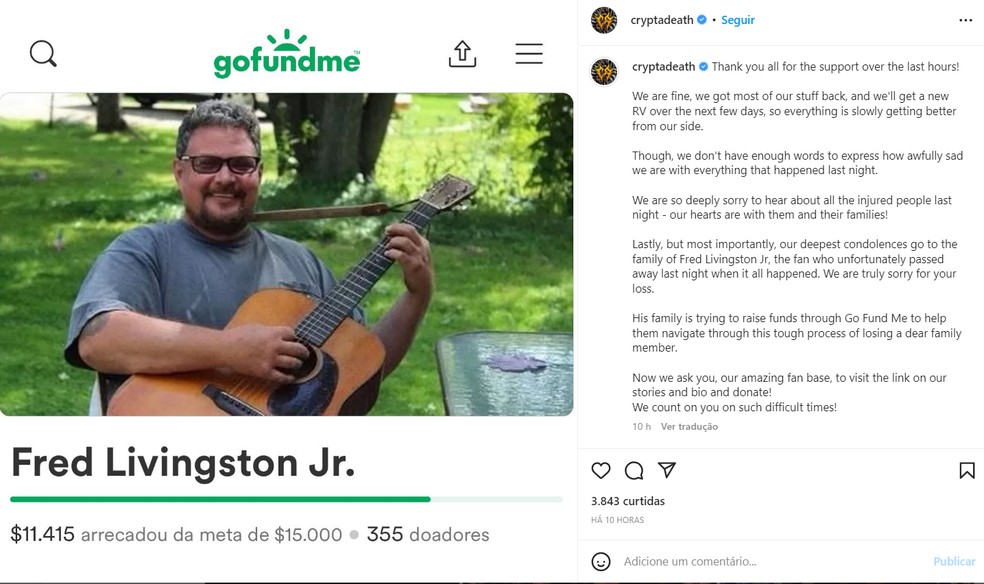 Banda brasileira Crypto lamenta morte de fã durante desabamento de teto por passagem de tornado em teatro onde tocavam, nos Estados Unidos, em 2 de abril de 2023.  — Foto: Reprodução/ Redes Sociais