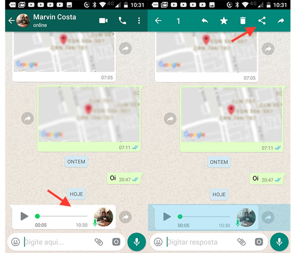 Compartilhe um áudio com o app Transcriber para transcrever mensagens de voz no WhatsApp (Foto: Reprodução/Marvin Costa)