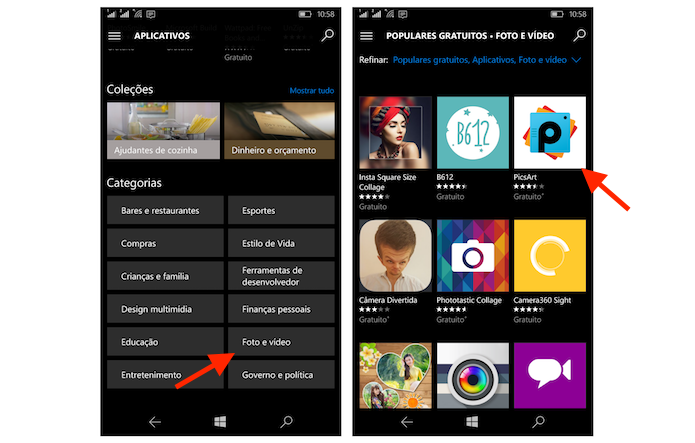 Encontrando aplicativos através das categorias da loja online do Windows 10 Mobile (Foto: Reprodução/Marvin Costa)