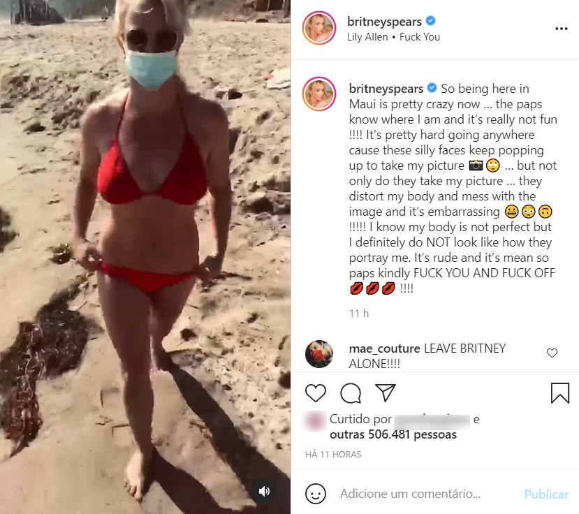Britney Spears gravou vídeo em que aparece andando pela praia para mostrar como seu corpo realmente é após acusar paparazzi de editarem sua aparência em fotos (Foto: Reprodução / Instagram)