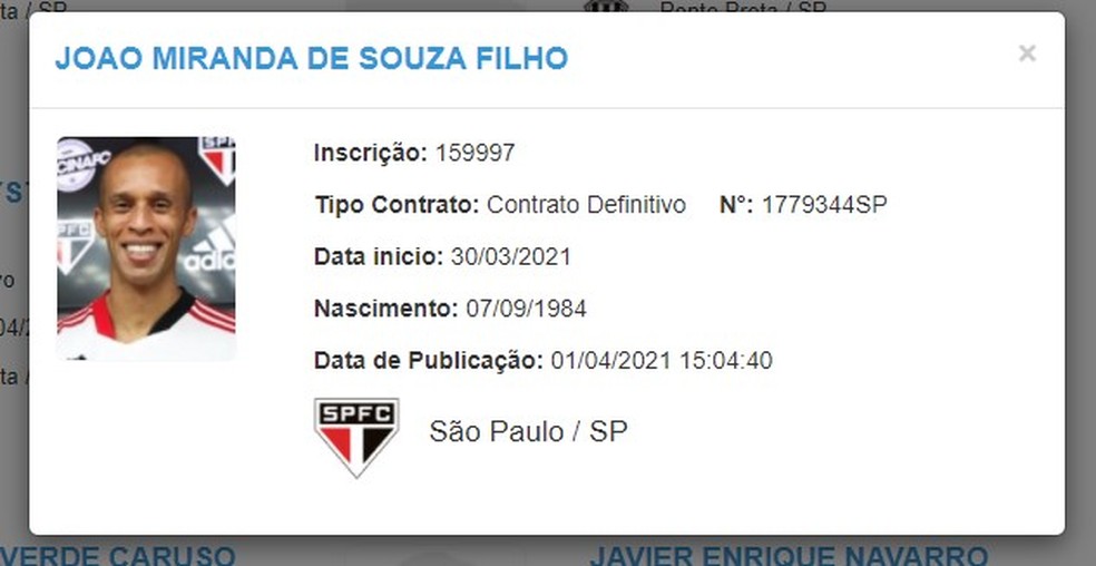 Miranda registrado no BID pelo São Paulo — Foto: Reprodução