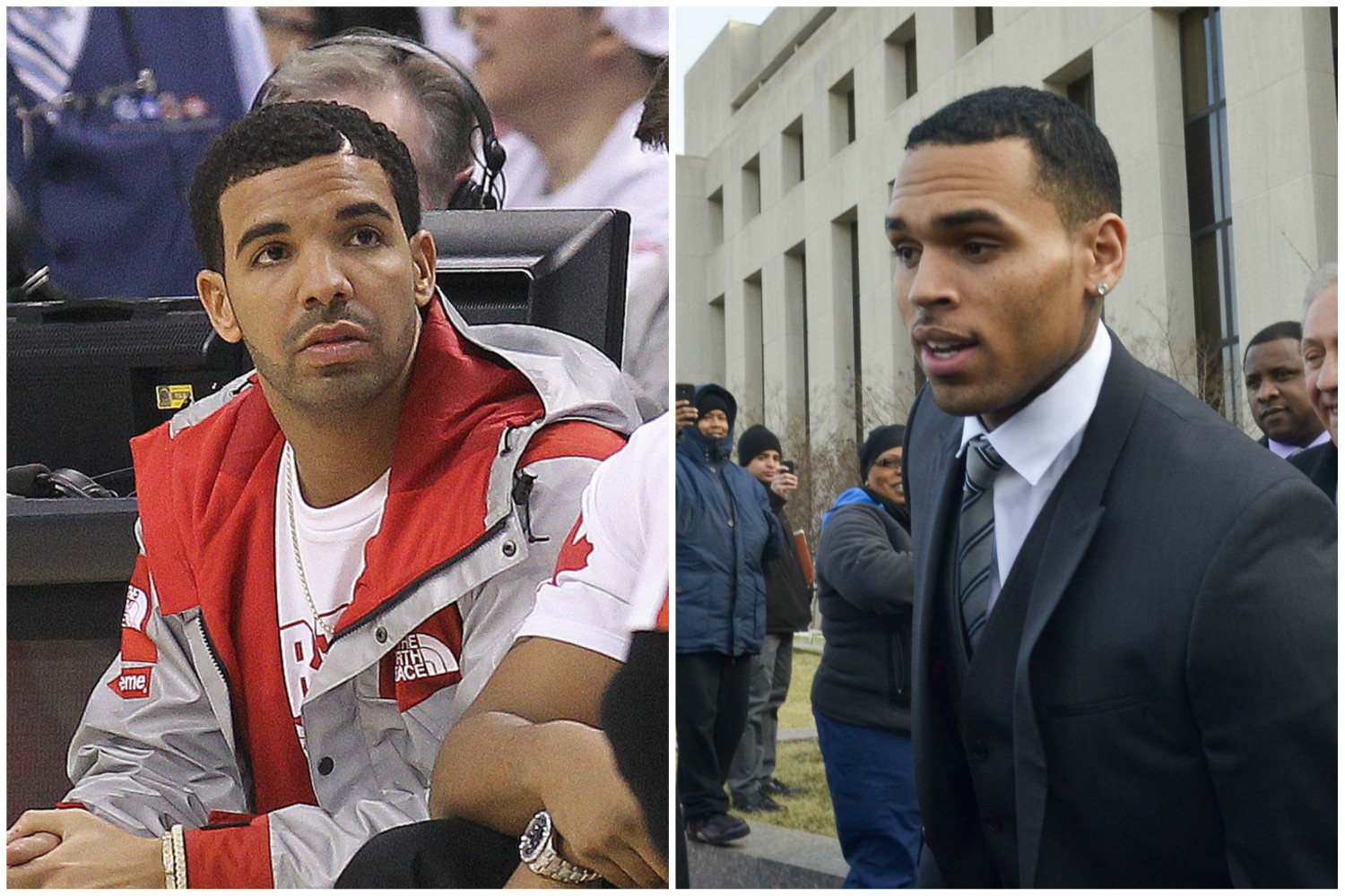 Os rappers Chris Brown (à dir.) e Drake rivalizam muito e chegaram a brigar fisicamente em junho de 2012. A troca de pancadas teve um único e famoso motivo: o amor da cantora Rihanna. (Foto: Getty Images)