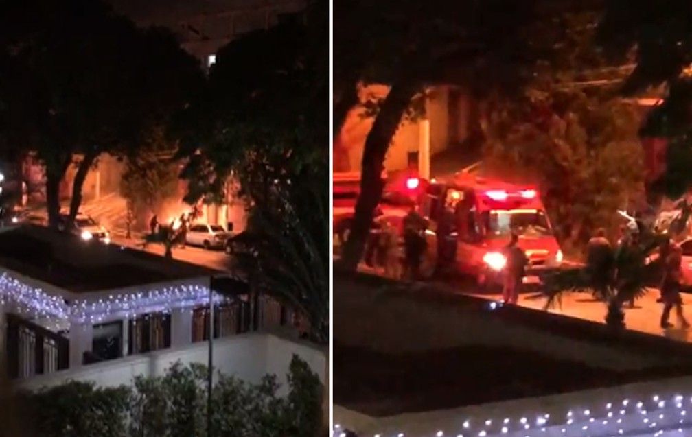Imagens feitas por moradora de prédio mostram fogo em morador de rua e chegada do resgate em São Paulo — Foto: Arquivo Pessoal