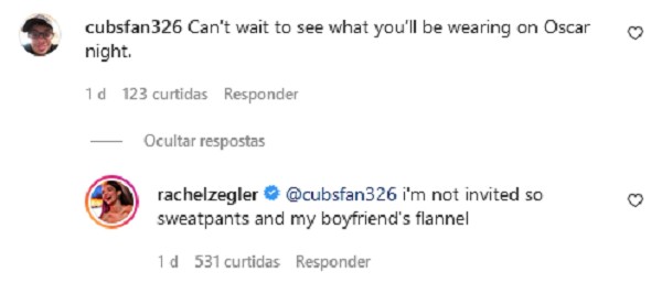 A resposta da atriz Rachel Zegler ao fã que a perguntou sobre seu look no Oscar 2022 (Foto: Instagram)