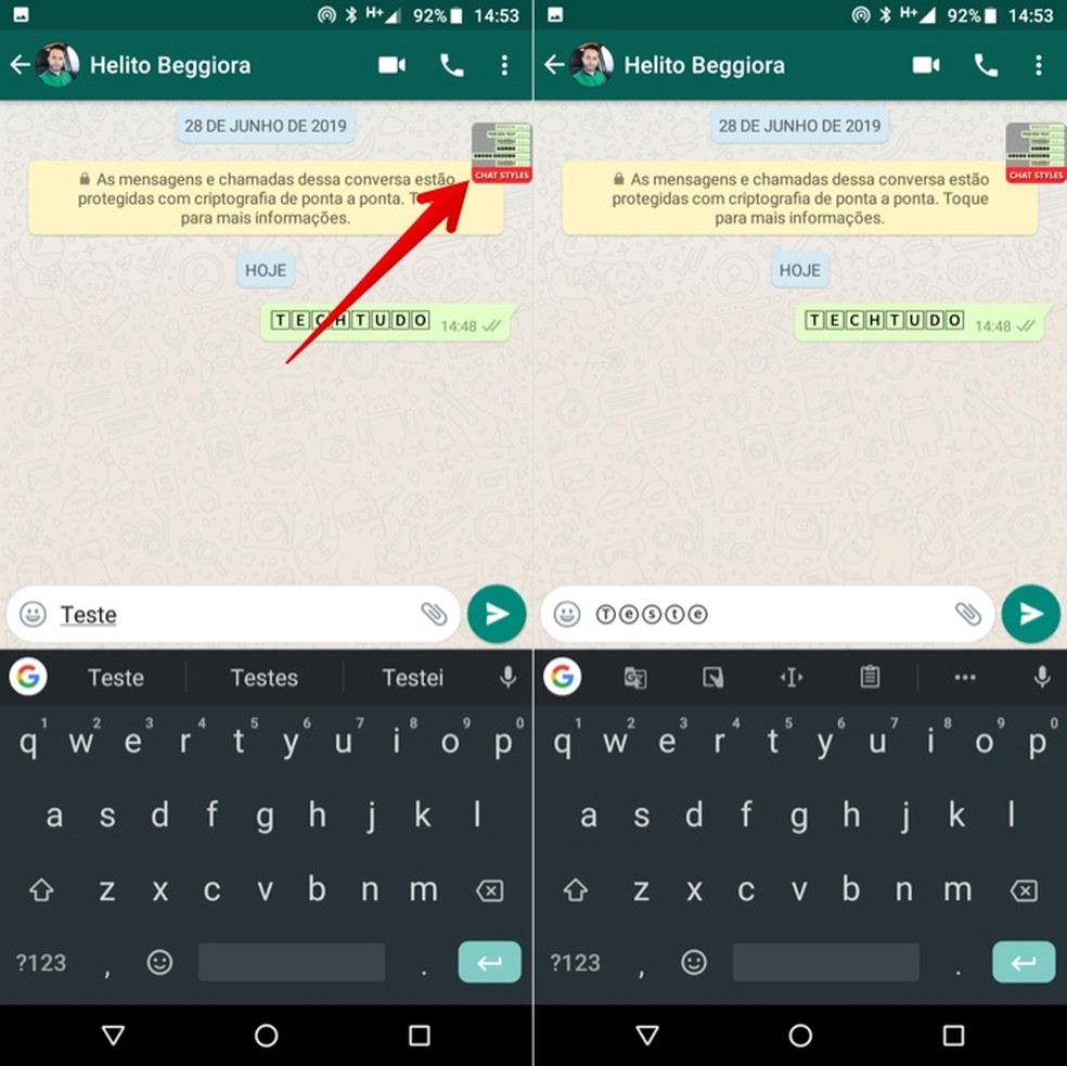 Convertendo texto direto do WhatsApp com o app Chat Styles — Foto: Reprodução/Helito Beggiora