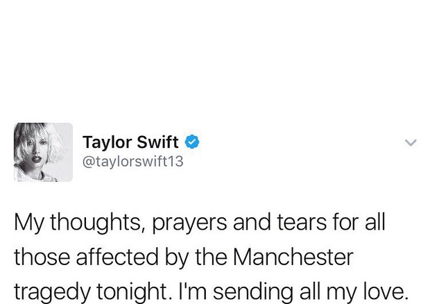 Taylor Swift: "Meus pensamentos, minhas orações e minhas lágrimas estão com todos aqueles afetados pela tragédia em Manchester. Mandando todo o meu amor." (Foto: Twitter/Reprodução)
