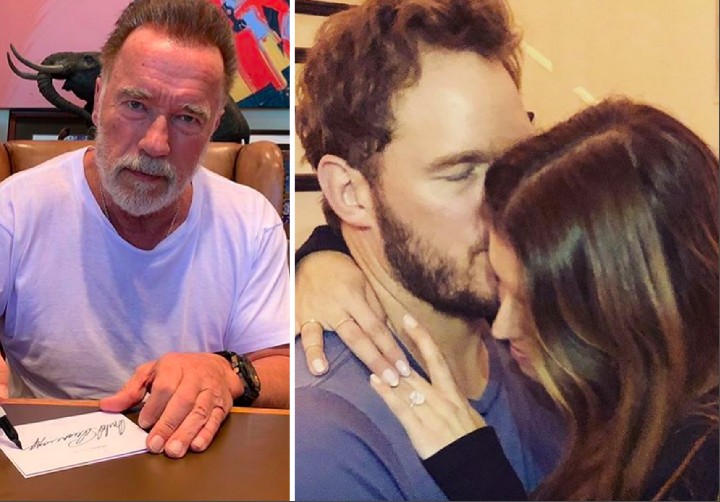 A filha do ator Arnold Schwarzenegger e a foto compartilhada por Chris Pratt celebrando seu noivado com Katherine Schwarzenegger (Foto: Instagram)
