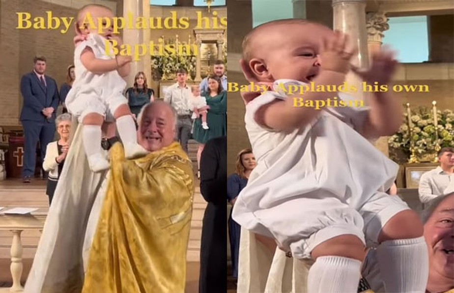 Bebê viraliza ao comemorar o próprio batismo