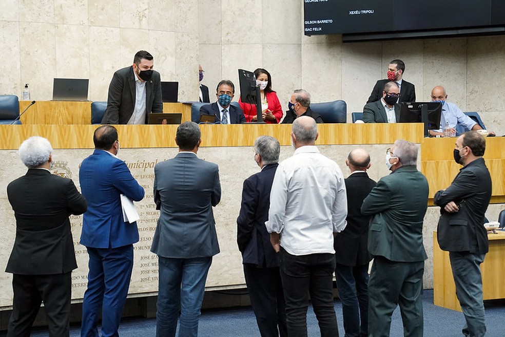 Vereadores de S&atilde;o Paulo durante vota&ccedil;&atilde;o do projeto de retomada das aulas na cidade de S&atilde;o Paulo. &mdash; Foto: Divulga&ccedil;&atilde;o