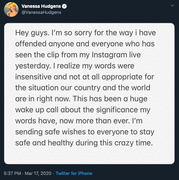 O pedido de desculpas público de Vanessa Hudgens por conta de seus comentários minimizando as medidas de precaução contra o coronavírus (Foto: Twitter)