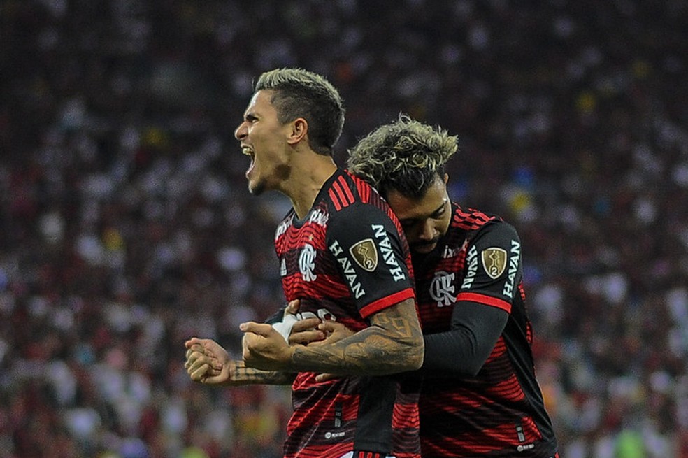 Pedro e Gabigol comemoram gol do Flamengo — Foto: Marcelo Cortes / Flamengo