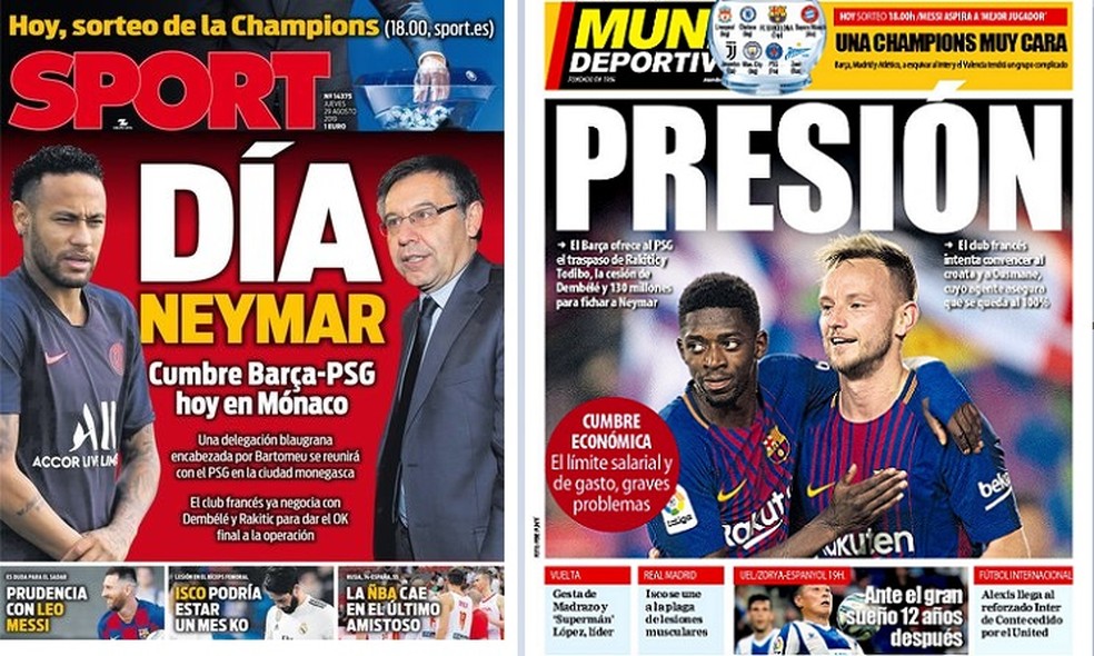 Capas do "Sport" e "Mundo Deportivo" desta quinta-feira — Foto: Reprodução / Site Oficiais
