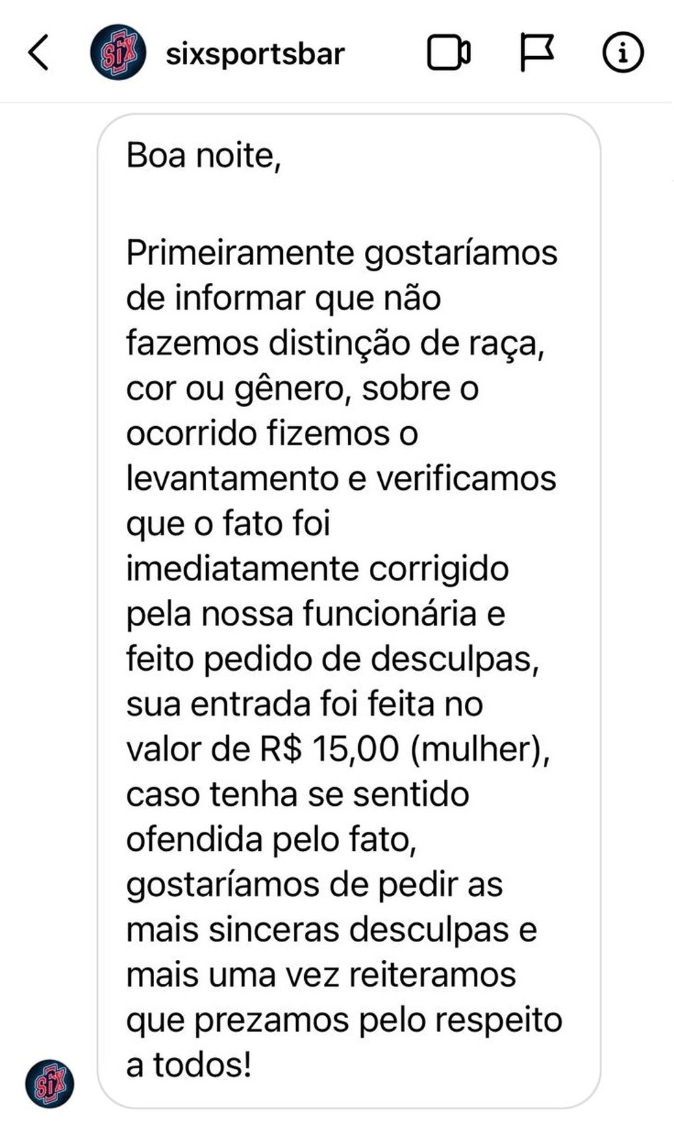 Bar respondeu à Milena pelas redes sociais, afirmando que valor foi corrigido na comanda — Foto: Reprodução