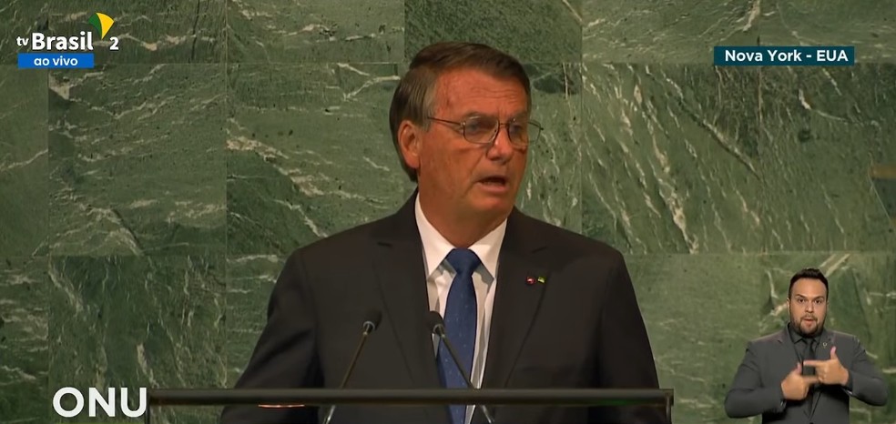 Presidente Jair Bolsonaro discursa na Assembleia Geral da ONU — Foto: Reprodução/TV Brasil