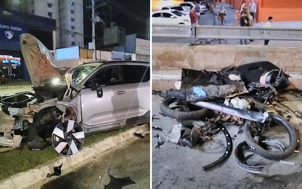 Foto mostra frente de carro e moto destruídos, em Goiânia — Foto: Divulgação/Polícia Civil