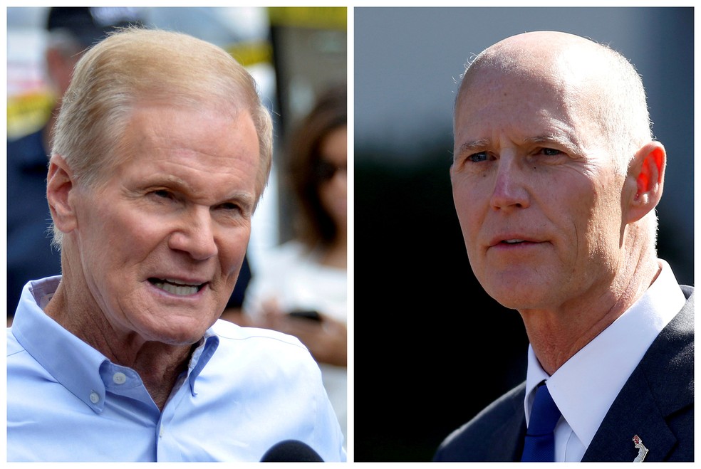 Bill Nelson e Rick Scott, adversários na disputa ao Senado pela Flórida — Foto: Kevin Kolczynski/Reuters e Joshua Roberts/Reuters