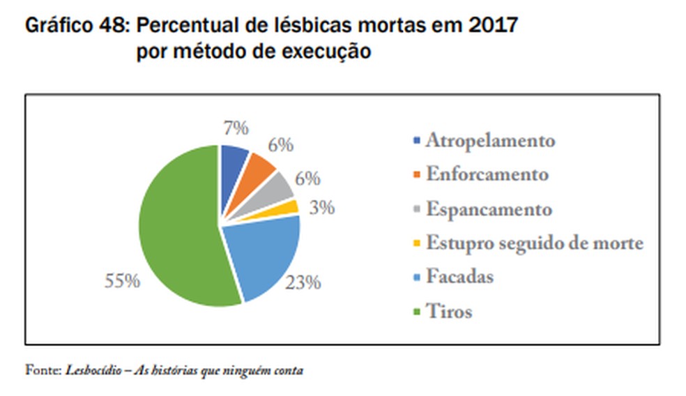 Percentual de lÃ©sbicas mortas em 2017 por mÃ©todo de execuÃ§Ã£o â Foto: DossiÃª LesbocÃ­dio/ReproduÃ§Ã£o
