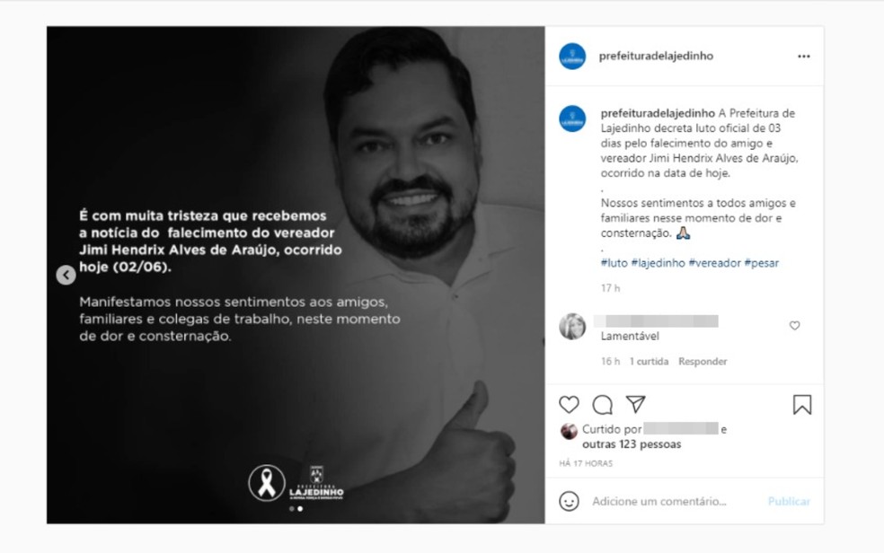 Prefeitura de Lajedinho lamenta morte de vereador através de uma publicação nas redes sociais — Foto: Reprodução/Redes Sociais