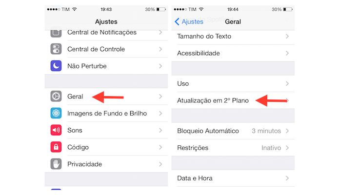 Acessando as configura??es de atualiza??es de aplicativos em segundo plano do iOS 7 no iPhone 4 (Foto: Reprodu??o/Marvin Costa)