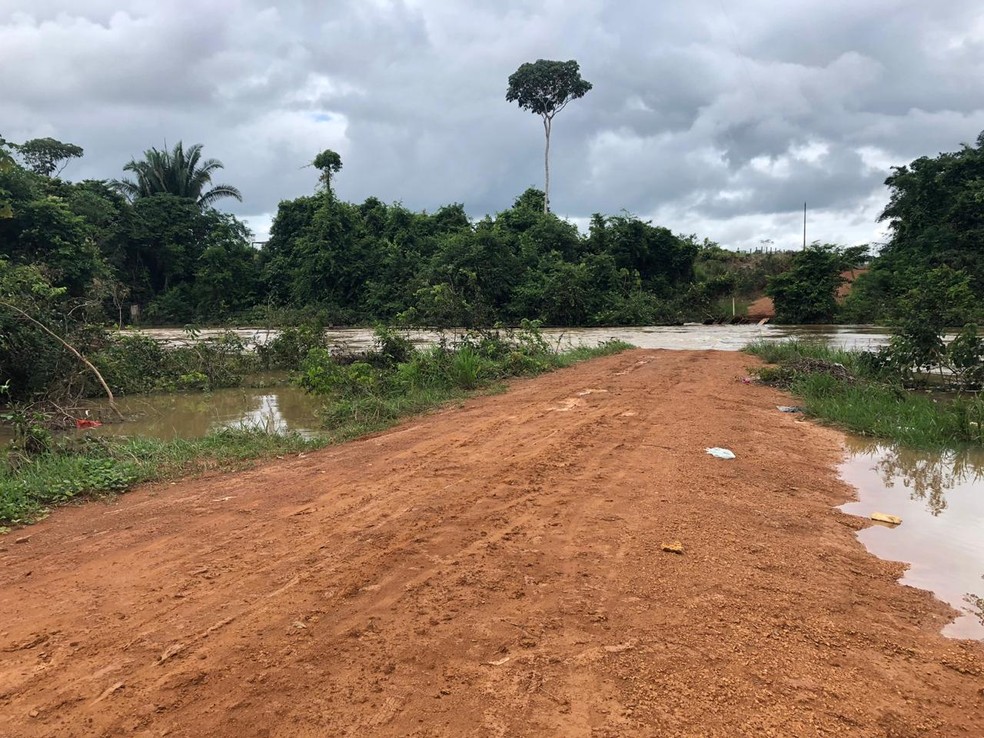 Nível do rio alagou vegetação envolta da Linha C-65, próximo a ponte.  — Foto: Jeferson Carlos/G1