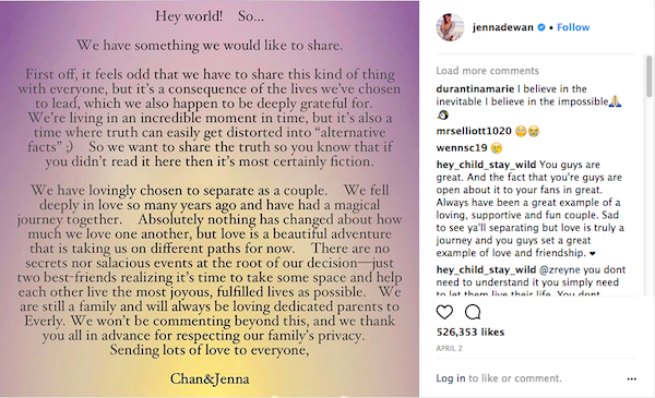 O post no qual a atriz e dançarina Jenna Dewan e o ator Channing Tatum anunciam seu divórcio (Foto: Instagram)
