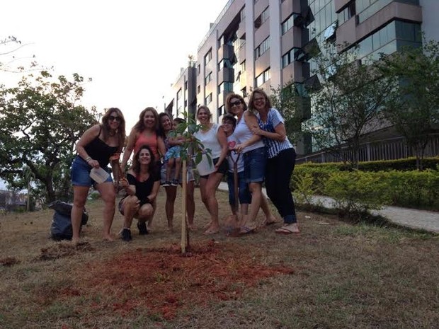 Moradoras de bloco do Sudoeste que plantaram cinco mudas de ipê (Foto: Raquel Morais/G1)