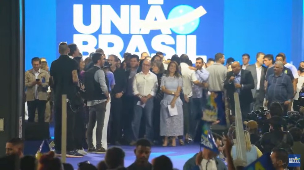 Convenção do União Brasil lança Soraya (ao centro) candidata à Presidência — Foto: Reprodução