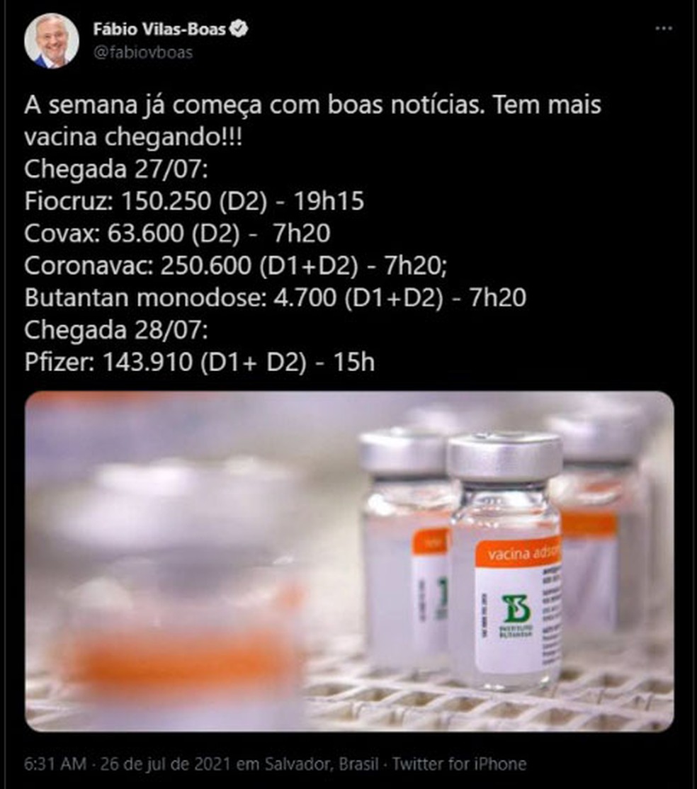 Secretário de Saúde da BA anuncia chegada de mais de 610 mil doses de vacina, a partir de terça-feira — Foto: Reprodução/Redes Sociais