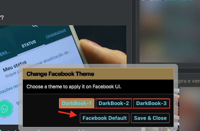 Opções de tema para o Facebook oferecidos pelo DarkBook para Google Chrome (Foto: Reprodução/Marvin Costa)