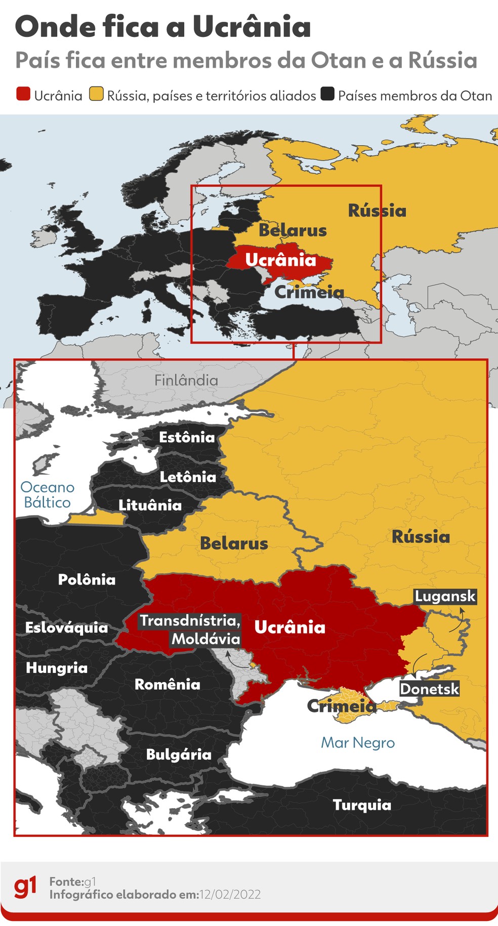 Ucrânia está localizada entre membros da Otan e Rússia e seus aliados — Foto: Editoria de Arte/g1