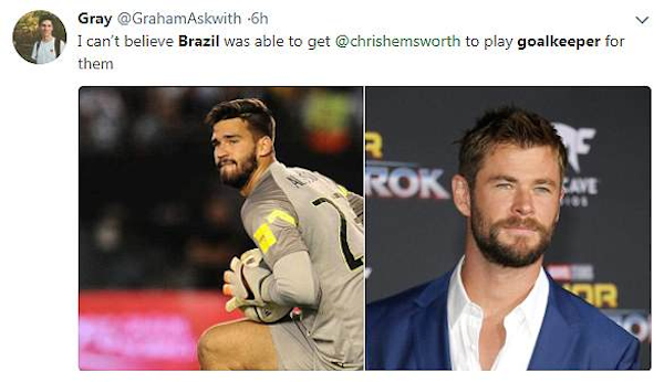 Um comparação entre o goleiro brasileiro Alisson e o ator Chris Hemsworth, intérprete do herói Thor nos filmes da Marvel (Foto: Twitter)