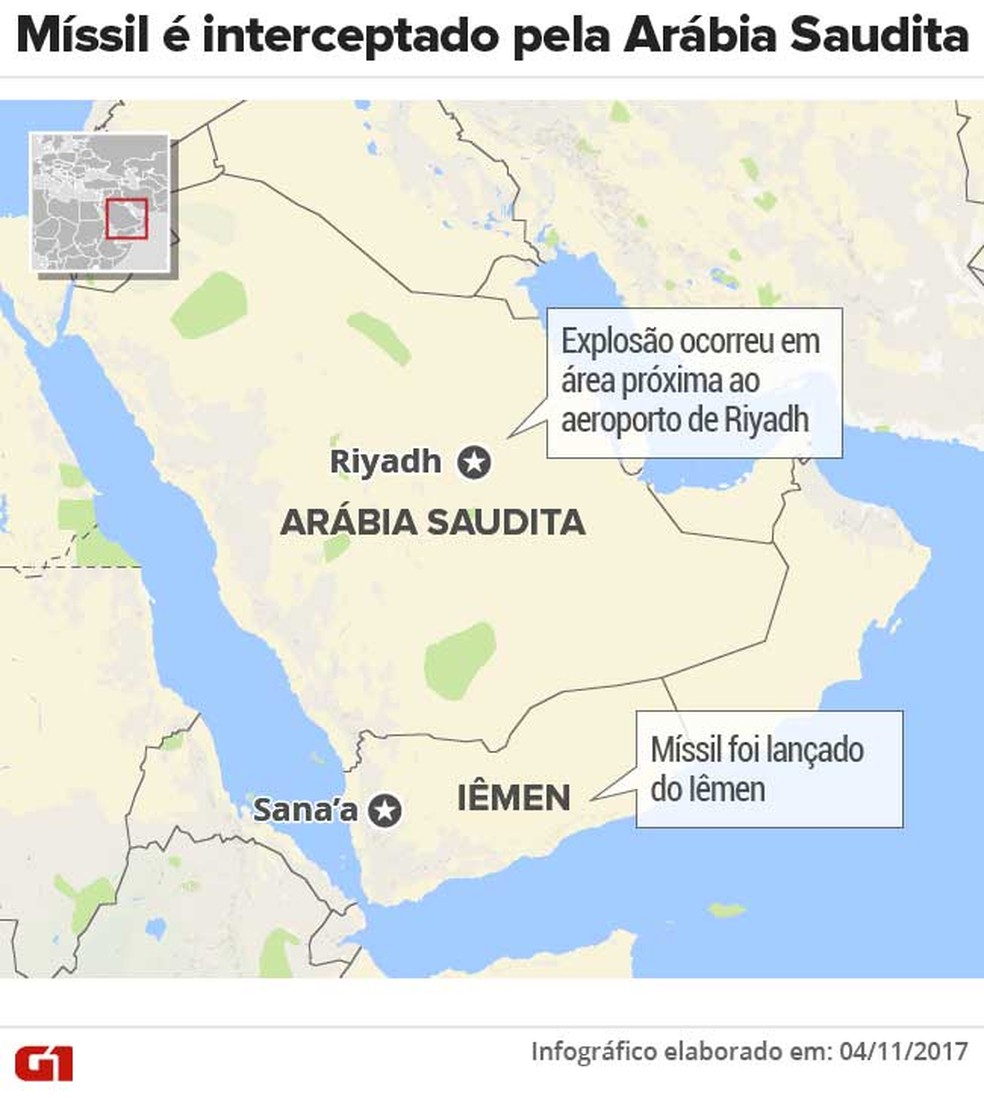 Arábia Saudita intercepta míssil lançado do Iêmen (Foto: Infográfico/Betta Jaworski/G1)