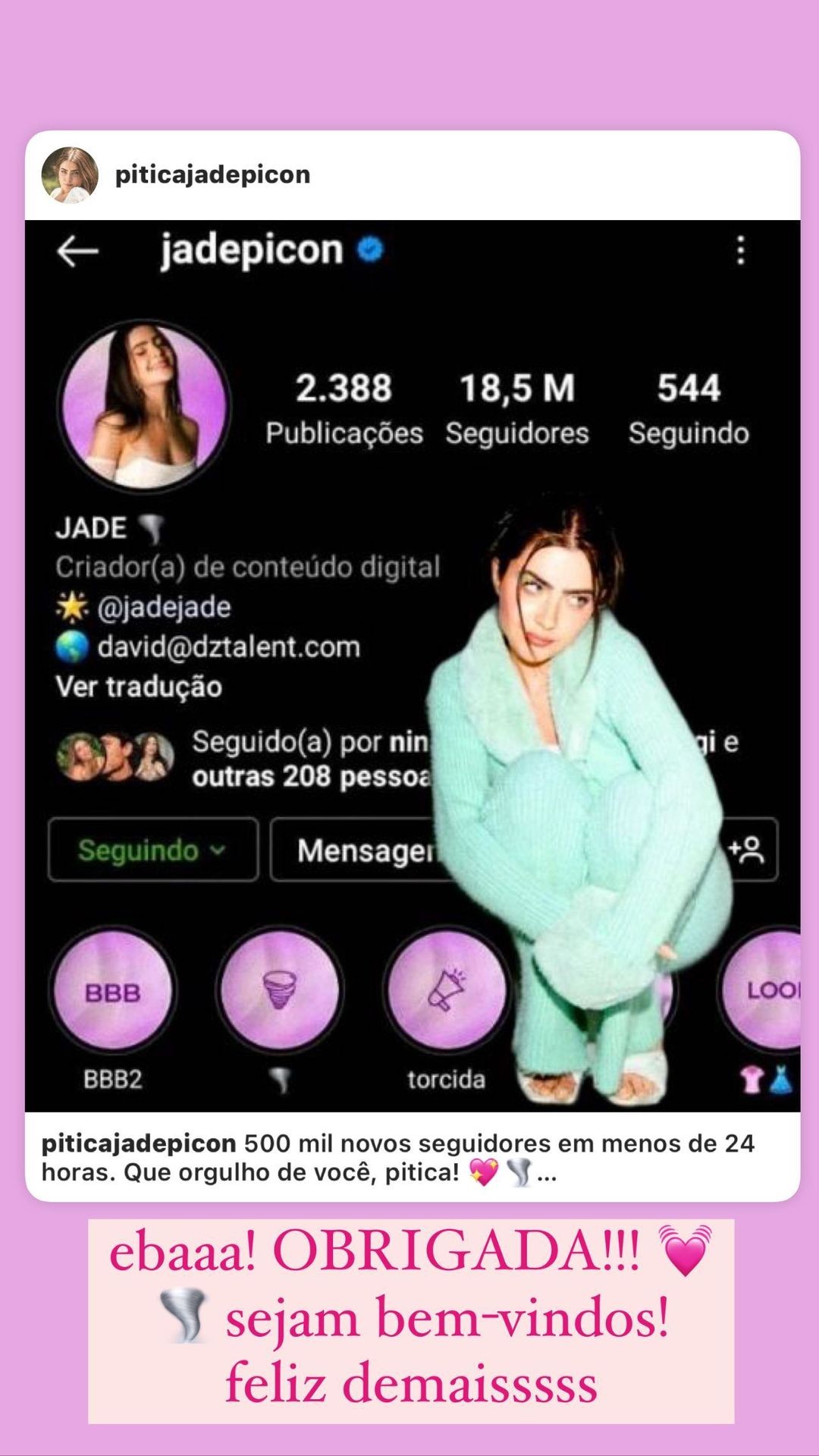 Em menos de 24 horas, Jade ganhou 500 mil novos fãs (Foto: reprodução/instagram)