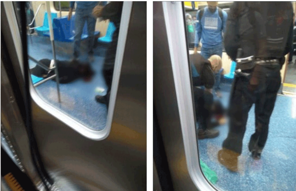 Site SP Sobre Trilhos publicou em seu Twitter foto que mostra passageira ferida dentro de vagão do Metrô em SP; agressor foi detido pelos seguranças  — Foto: Reprodução/SP Sobre Trilhos