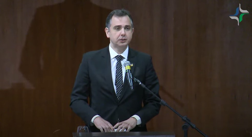 Presidente do Senado, Rodrigo Pacheco (PSD-MG), discursa em evento do Conselho da Justi&ccedil;a Federal &mdash; Foto: Reprodu&ccedil;&atilde;o/CJF