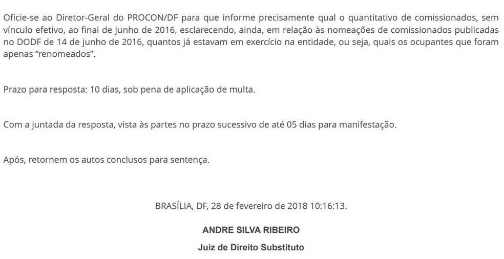 Trecho da decisão do juiz, que dá mais prazo para últimas explicações em processo de improbidade contra Rollemberg (Foto: Reprodução)
