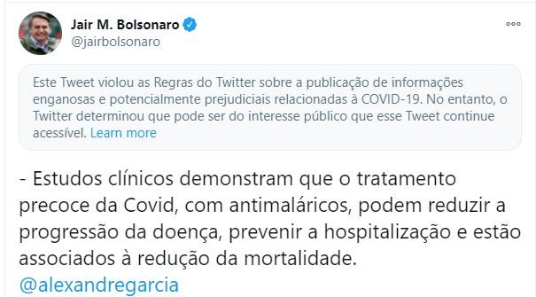 Twitter diz que post de Bolsonaro sobre 'tratamento precoce' da Covid viola regras da plataforma, mas mantém a mensagem no ar thumbnail