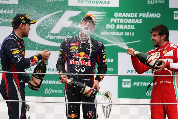 Pódio com Webber, Vettel e Alonso (Foto: Getty Images)