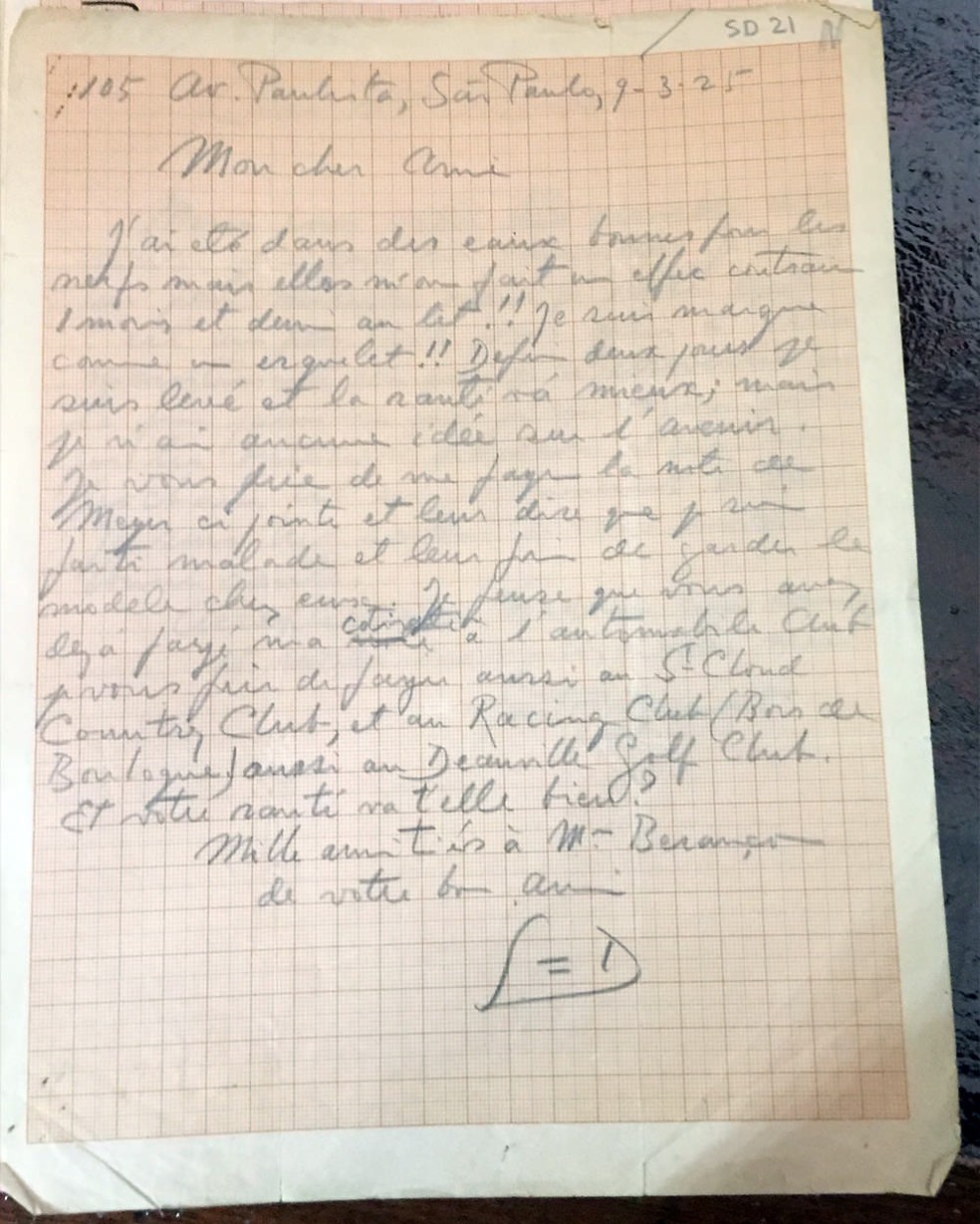 Carta inédita de Santos Dumont conta que se hospedou na Avenida Paulista quando tratava sua saúde (Foto: Aéro-Club de France/Divulgação)